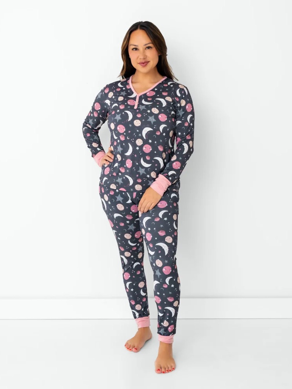 Little Sleepies Women's Moon & Stars Long-Sleeve Pajama Set in Charcoal Pink